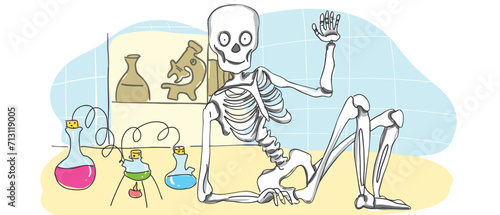 Science laboratory. Skeleton sitting on the table waving.