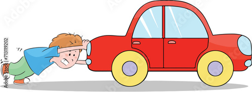 Cute boy pushing the broken down car.
