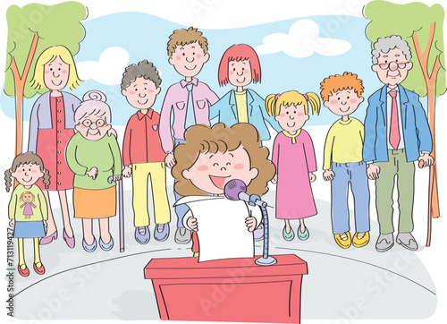 Little girl is reading poetry on stage.