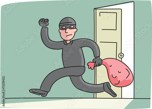 The thief is running with a sack in his hand. Escaping thief.