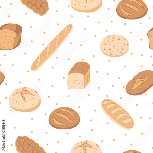 Hand drawn seamless pattern with different type of bread and dots. Baked goods background. Design for bakery, home textile