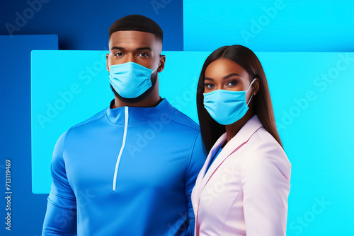 Young African American couple wearing protective medical masks for protection from virus over blue background, black man and woman in face masks. Healthcare during quarantine and pandemic.