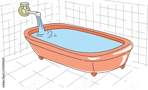 Flowing faucet in the bathroom filling the tub.