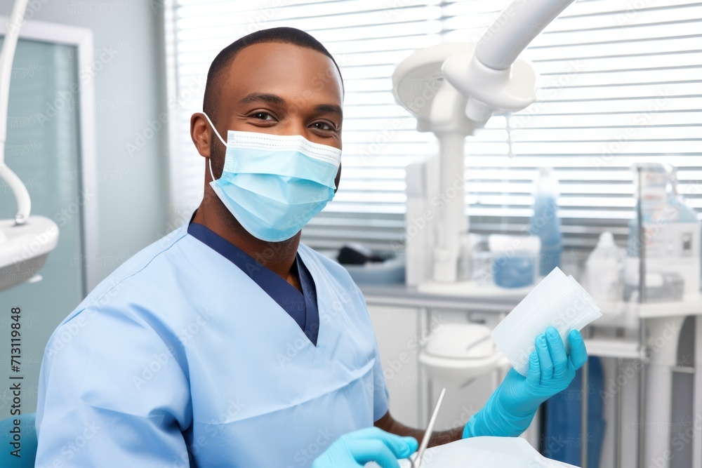A cheerful African dentist wearing a mask, specializing in dental care and oral health.