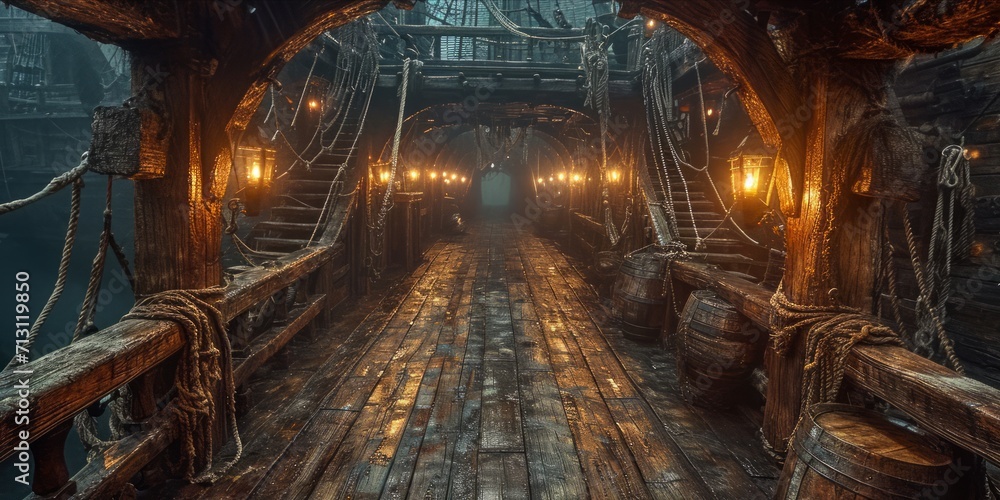 Fototapeta premium Inside the Pirate's Lair: Explore the intricate structure within a pirate ship, from the wooden deck to the hidden treasure chamber, Generative AI