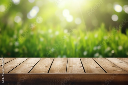 An empty wooden terrace in a vivid garden, surrounded by nature's beauty.
