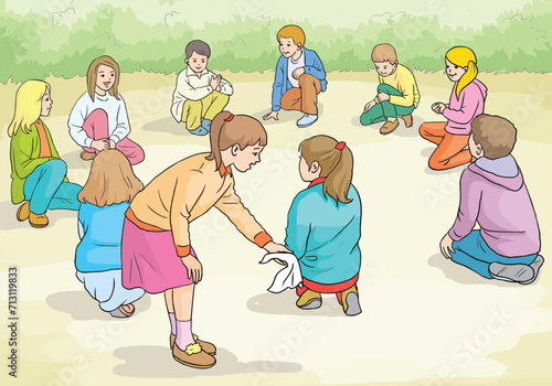 Little children playing handkerchief snatch game in green field.