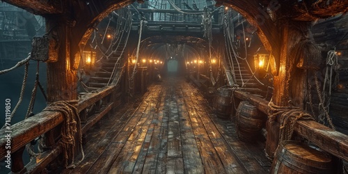 Inside the Pirate's Lair: Explore the intricate structure within a pirate ship, from the wooden deck to the hidden treasure chamber, Generative AI photo