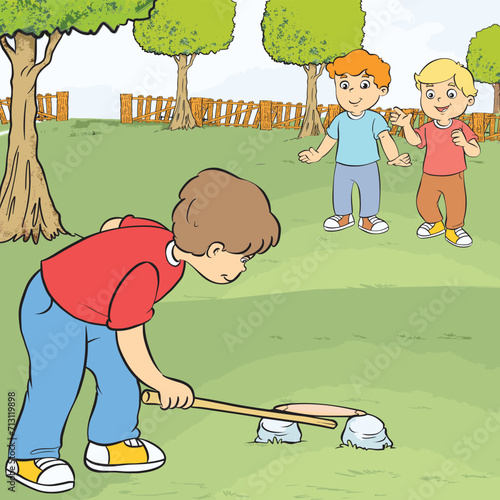 Kids playing old cultural game outside. Steel rod game. Children playing steel rod game. Turkish: Çelik çomak oyunu oynayan çocuklar. photo