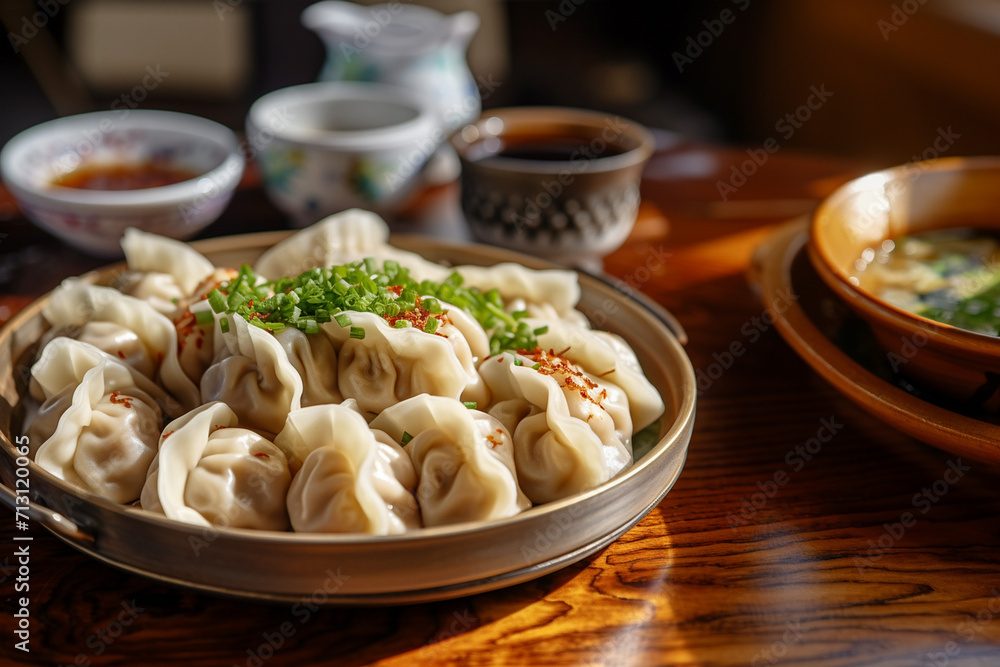 Fried Chinese dumplings, hot sauce, shelves for food, national dishes of China, unusual serving, rustic. Chinese cuisine.