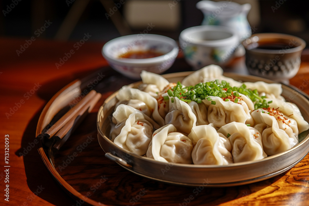 Fried Chinese dumplings, hot sauce, shelves for food, national dishes of China, unusual serving, rustic. Chinese cuisine.