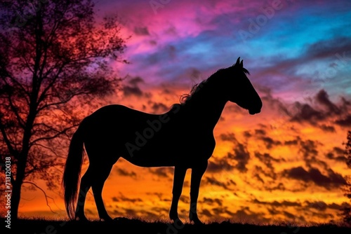 Equine silhouetted against a colorful evening sky. Generative AI © Mia