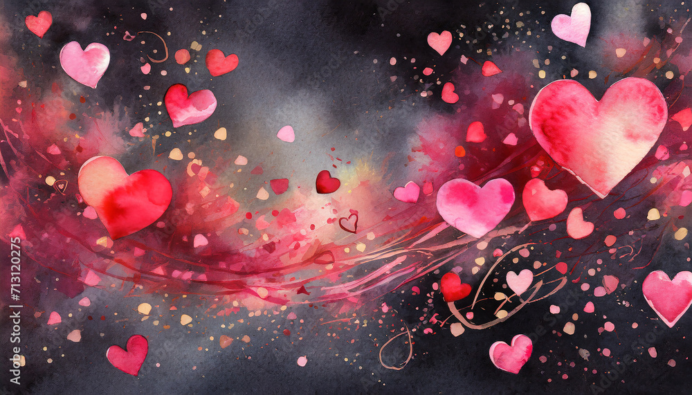 Watercolor painting of red and pink hearts swirling around on dark background
