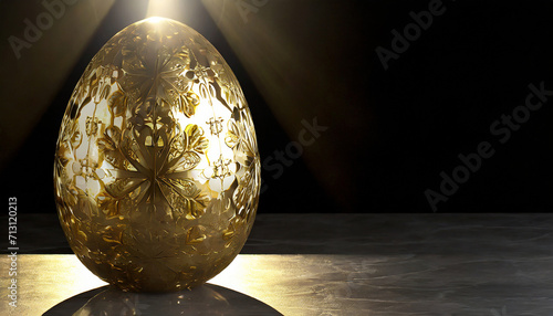 Decorative golden easter egg in spotlight on dark background with copy space
