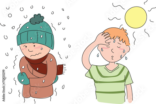 Hot weather. Cold weather. A cold child wearing warm clothes in the cold. An overwhelmed child sweating in the heat.