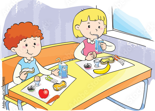 Lunch time in the classroom. Primary school student girl and boy are having breakfast in the classroom.