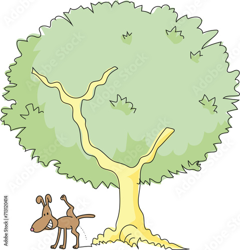 The cute dog is peeing under the tree.