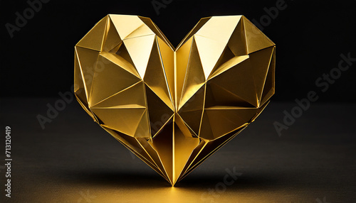 Origami heart of metallic golden cardboard on dark background