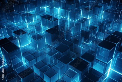 Modern tech wallpaper with precisely arranged see-through cubes. Blue, computer-generated imagery. Generative AI