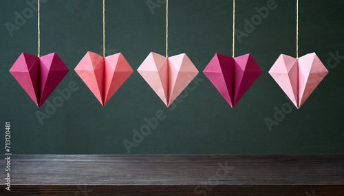 Pink origami hearts in hanging in front of dark green background  photo