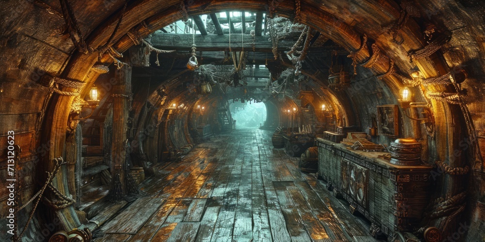 Fototapeta premium Inside the Pirate's Lair: Explore the intricate structure within a pirate ship, from the wooden deck to the hidden treasure chamber, Generative AI