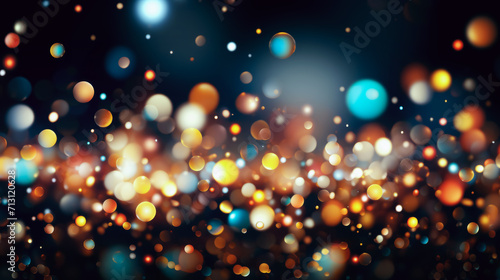 Abstract black background with blue and gold bokeh.