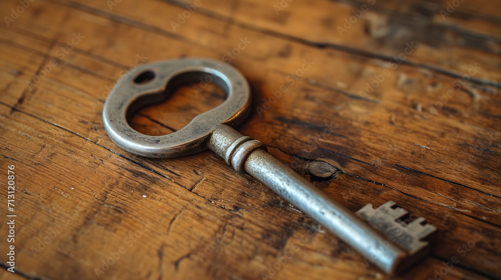 Antique Silver Key on Old Wooden Table Surface Antique Silver Key on Old Wooden Table Surface