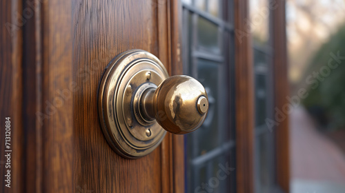 Antique Brass Door Knob on Polished Wooden Door Exterior