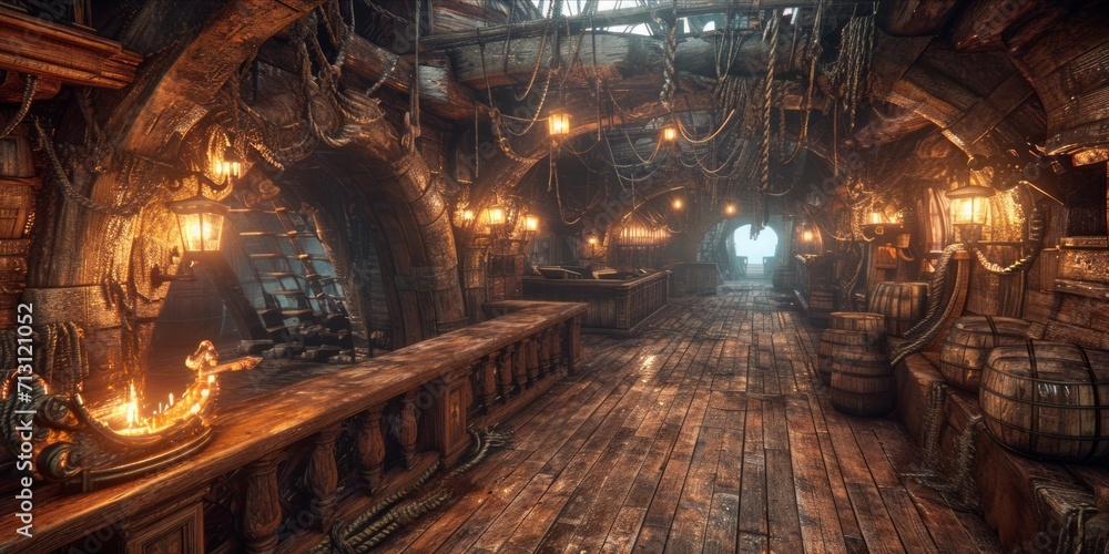 Fototapeta premium Inside the Pirate's Lair: Explore the intricate structure within a pirate ship, from the wooden deck to the hidden treasure chamber, Generative AI
