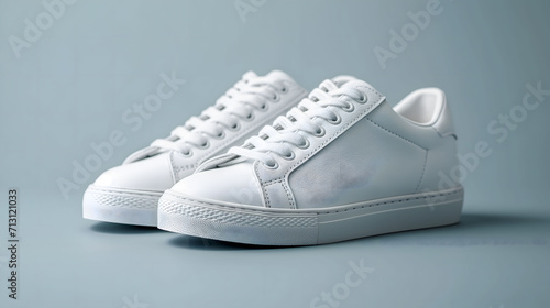 New White Lace-up Sneakers on a Blue Background