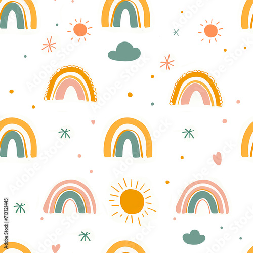 Cute seamless pattern with rainbows and sun. Adorable seamless pattern. Design for kids. Cute and funny print for kids. Print for fabric, textile, paper.