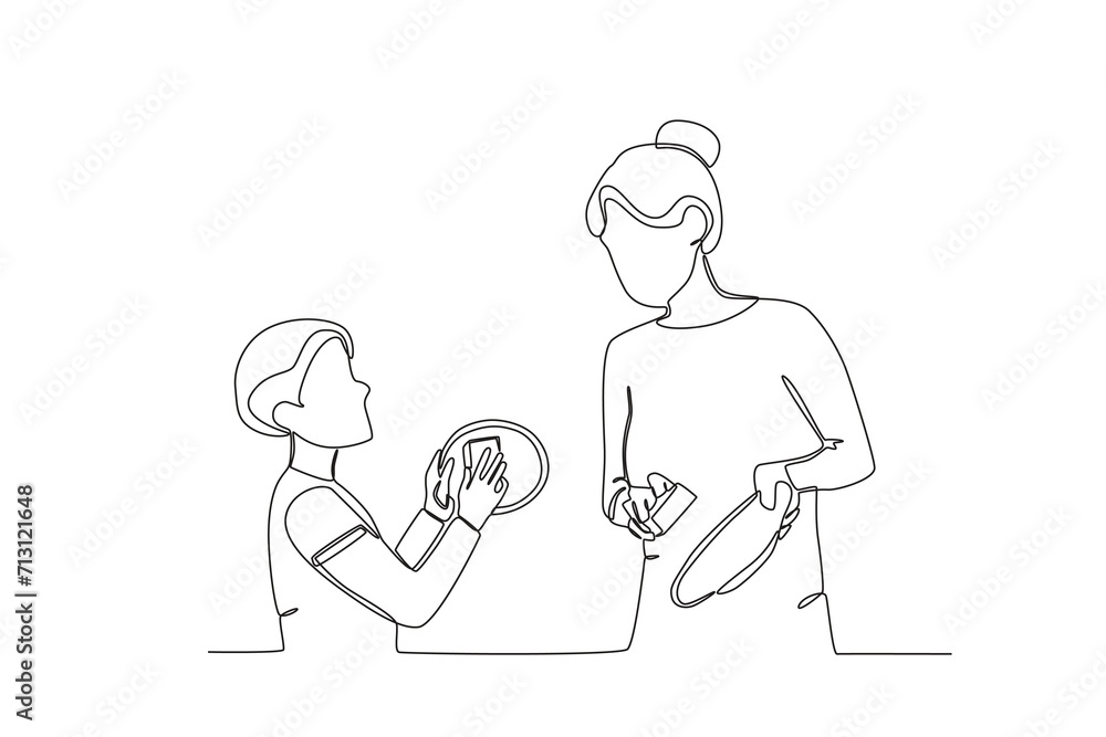 One single line drawing of Mother teaching children to wash dishes,parenting vector illustration. Happy family playing together concept. Modern continuous line draw design
