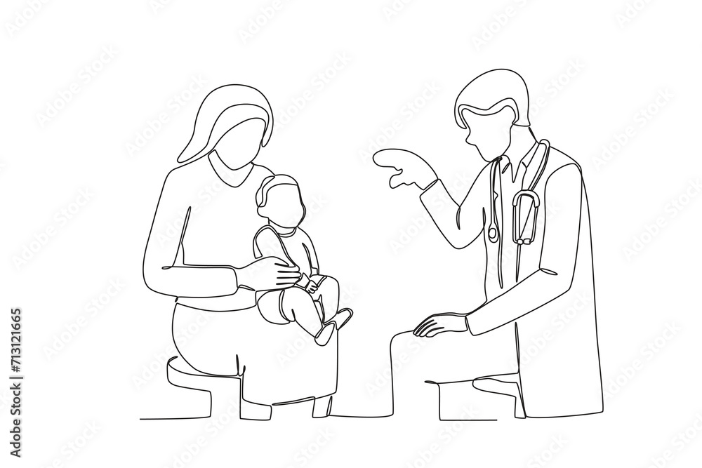 One single line drawing of Mother who took her child to see a doctor,parenting vector illustration. Happy family playing together concept. Modern continuous line draw design

