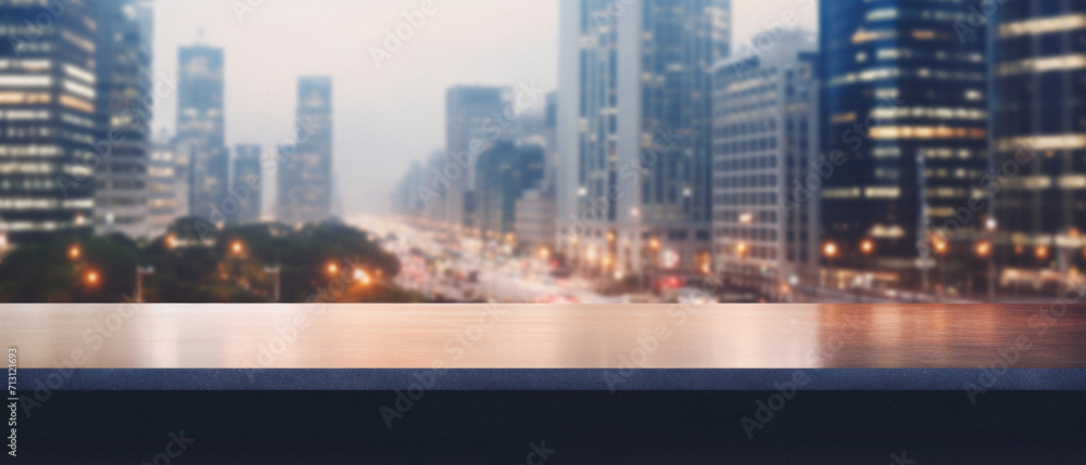 Obraz premium Wooden table bokeh city view background, empty wood desk tabletop counter surface product display mockup with blurry cityscape lights abstract backdrop presentation. Mock up, copy space.