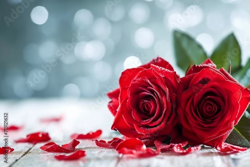 Romantic still life  red roses on white wooden background. Valentine s day concept.Soft focus. generative ai.