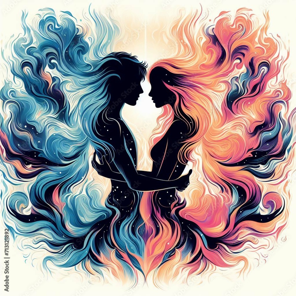 Twin flame couple. Soulmates. The concept of magical, esoteric, tantric, spiritual love. Connection between souls. Illustration for websites and much more. Created using generative ai tools. Twin flame couple. Soulmates. The concept of magical, esoteric, tantric, spiritual love. Connection between souls. Illustration for websites and much more. Created using generative ai tools.