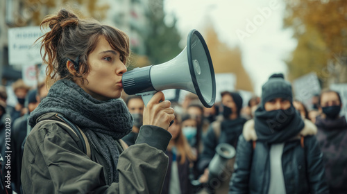 An activist woman protests with a megaphone during a strike with a group of demonstrators in the background