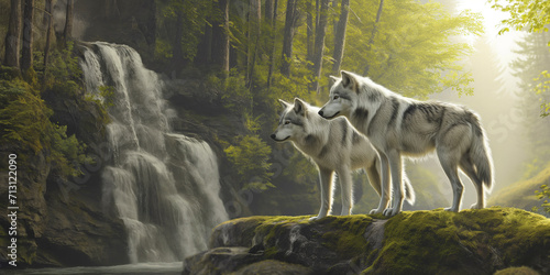 Dois lobos cinzentos visitando uma cachoeira na floresta