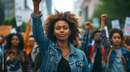 Black woman marching in protest with a group of protestors with their fist raised in the air as a sign of unity for diversity and inclusion. © standret