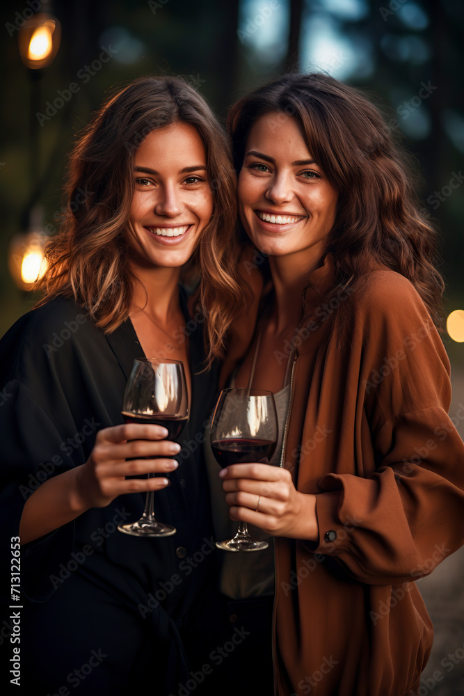 two happy women enjoy wine in a serene, dimly lit outdoor setting with subtle hanging lights, ai generative two happy women enjoy wine in a serene, dimly lit outdoor setting with subtle hanging lights, ai generative