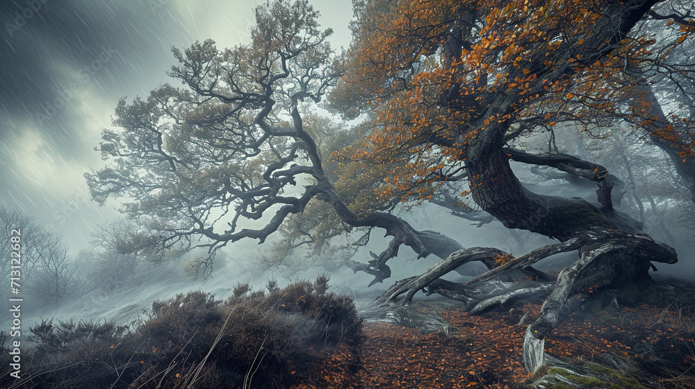 A dramatic photograph capturing the forest edge during a storm, with ...
