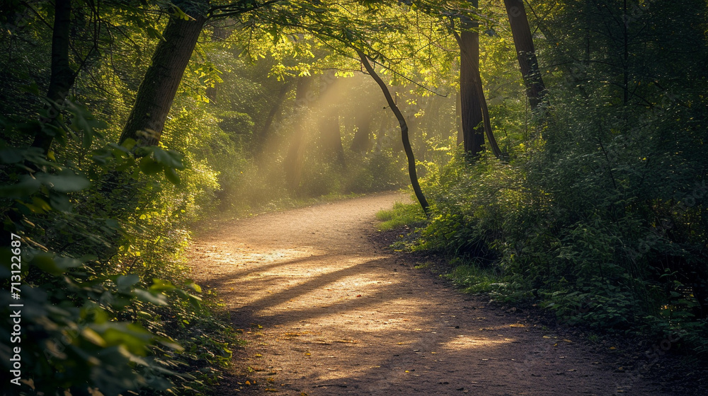 A picturesque image of a winding trail at the forest edge, leading into the heart of the woodland, with soft sunlight filtering through the branches, creating a visually inviting a