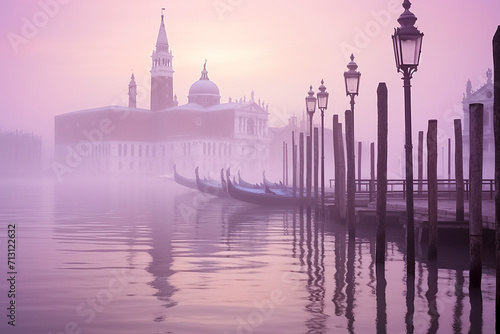 A serene, misty scene in Venice with gondolas, calm waters, and an architectural structure in soft purple hues, ai generative