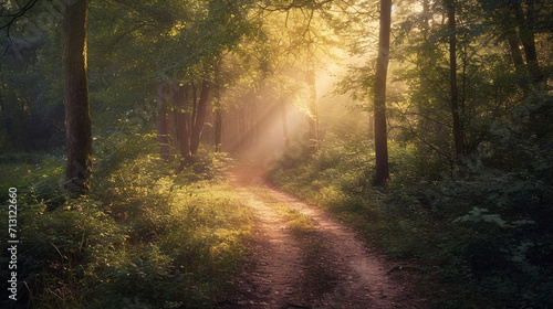 A picturesque image of a winding trail at the forest edge  leading into the heart of the woodland  with soft sunlight filtering through the branches  creating a visually inviting a