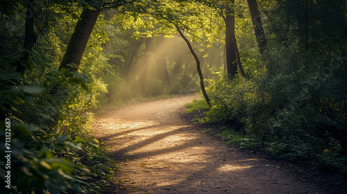 A picturesque image of a winding trail at the forest edge, leading into the heart of the woodland, with soft sunlight filtering through the branches, creating a visually inviting a
