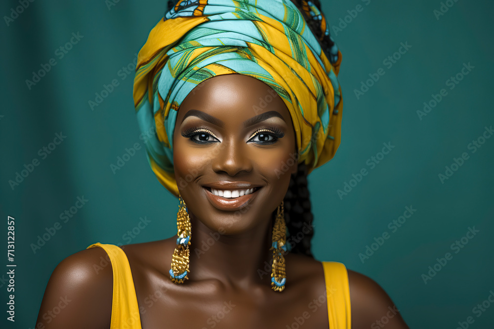 Naklejka premium a smiling black woman with a colorful headwrap and gold earrings, wearing a yellow top, against a teal background, ai generative