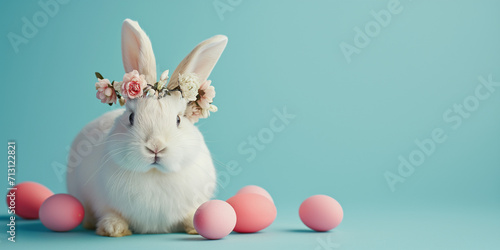 Easter bunny with a meadow flower crown, featuring a rabbit adorned with a flower headband and painted eggs on a blue background. Easter holiday concept with a hare and flower banner with copy space.