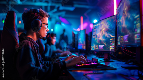 Professional Gamer Engaged in Esports Competition at Gaming Arena  Intense Cyber Battle on Computer Screens with Dynamic Lighting and Audience