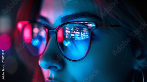 Wallpaper Mural Data reflecting on eyeglasses on woman's face. Computrer programmer big data and ux designer concept Torontodigital.ca