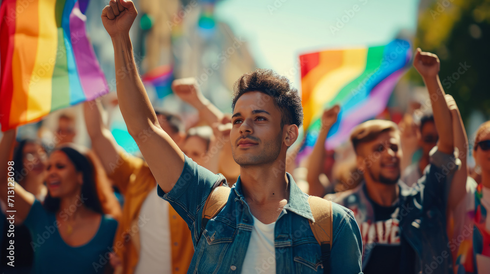 LGBT man marching in protest with a group of protestors with their fist raised in the air - obrazy, fototapety, plakaty 